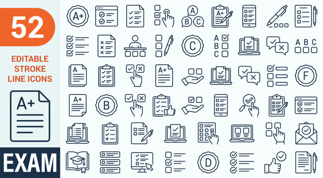 Exam Web Icons in Line Style. Test, Education, Assessment, Quiz, Study, Learning, Knowledge, Certification Collection. Editable Stroke. Vector.