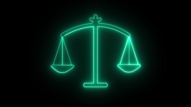 Neon illuminated justice scale symbol.Scales of justice icon in neon style representing legal