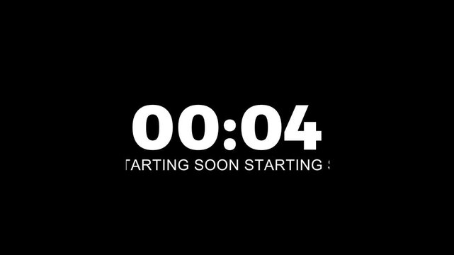 10 second countdown timer displays with text starting soon moving animation , 10 to 0 second countdown with starting soon text moving animation on black background.