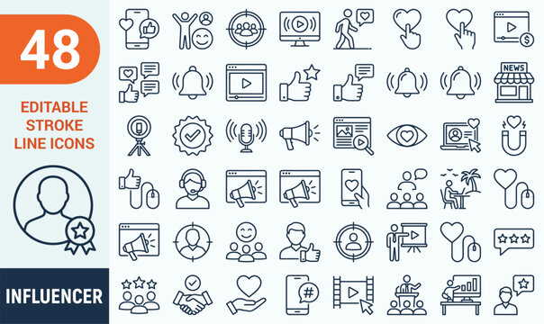 Influencer web icons in line style. Content, community, promotion, influencer, social media, ambassador. Vector illustration.