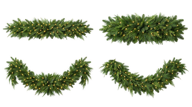 Set of green christmas garlands decorated with small glowing lights isolated on transparent background