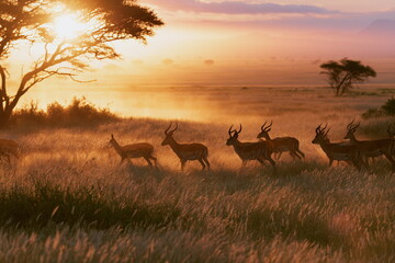 Obraz premium Herd of deer running across a golden meadow at sunrise with warm morning mist, peaceful wildlife landscape ideal for nature, safari and conservation themes.