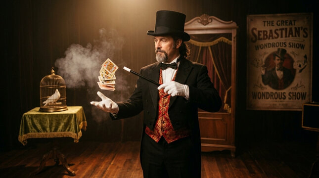 magician performing magic trick with smoke and cards in vintage circus setting with poster and props
