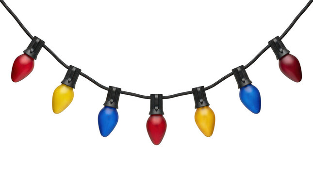 Colorful hanging string lights for holiday parties and celebrations isolated on transparent background