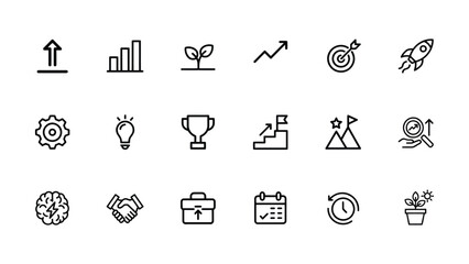 Fototapeta premium Collection of simple line icons representing business growth success and productivity concepts on transparent background