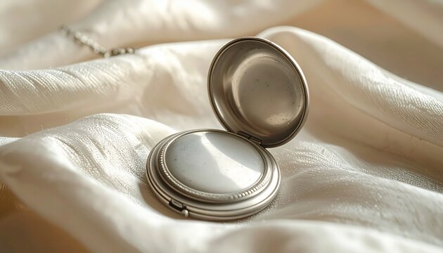 Vintage Silver Pocket Watch on Cream Fabric Background.