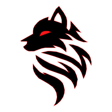 Aggressive wolf head illustration with sharp red eye and stylized tribal mane. Powerful werewolf mascot logo for sports or gaming.