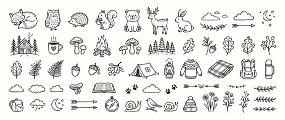 Cute Forest Animals and Camping Elements Hand-Drawn Icons © nongko
