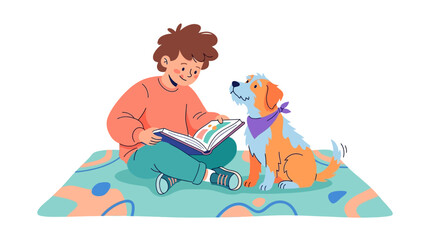 Fototapeta premium Illustration of a young boy sitting on a rug reading a book to his dog, educational concept