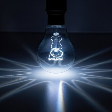 Glowing light bulb emitting bright rays on dark background.