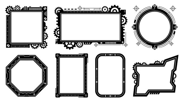 Collection of steampunk mechanical frames with gear and cog ornaments, black outline borders for labels, badge designs, industrial decor and vintage