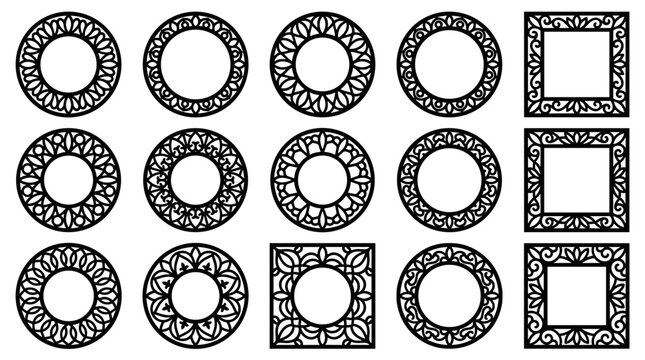 Set of black ornate circular and square decorative frames, intricate vintage borders, geometric flourish patterns for invitations, labels, and