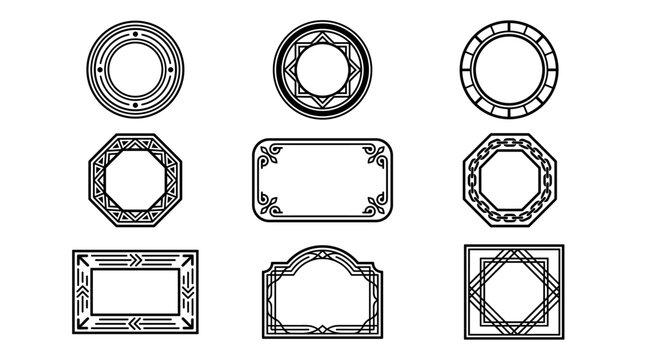 Set of black ornate decorative frames and border elements, vector line art for invitations, page layouts, elegant labels, vintage style stationary