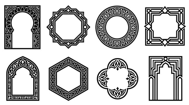 Set of eight ornamental geometric and arch frames, intricate traditional moroccan borders, islamic patterns, decorative border elements for