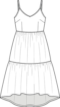 Fashion technical sketch of a women's spaghetti strap tiered midi dress with high low hem design template