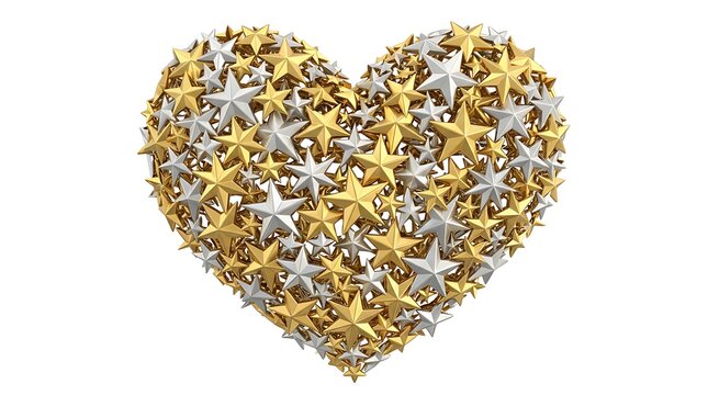 Heart Shape Formed by Numerous Gold and Silver Stars on White Background