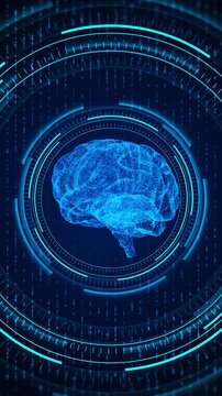 Futuristic circular HUD glowing brain scan, blue data matrix, target rings, cyber technology depth. machine learning medical research visuals, software dashboards, security screens, AI motion graphics