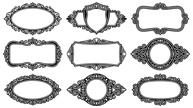 Collection of ornamental vintage frames, detailed decorative borders, elegant Victorian style scrollwork, ornate flourish patterns for wedding