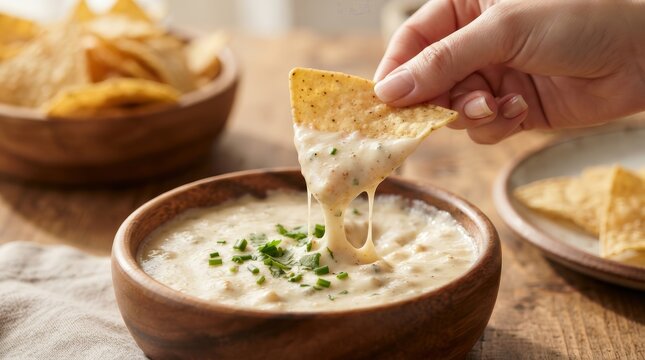 A hand dipping a crunchy tortilla chip into a bowl of creamy cheese dip garnished with herbs.