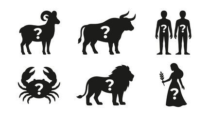 Fototapeta premium Black silhouette icons of astrology signs with question marks, including ram, bull, human figures, crab, lion, and maiden, illustrating mystery and