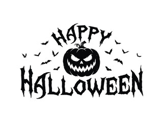 Happy halloween scary distressed font with pumpkin and bats. © Goljar