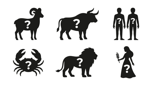 Black silhouette icons of astrology signs with question marks, including ram, bull, human figures, crab, lion, and maiden, illustrating mystery and