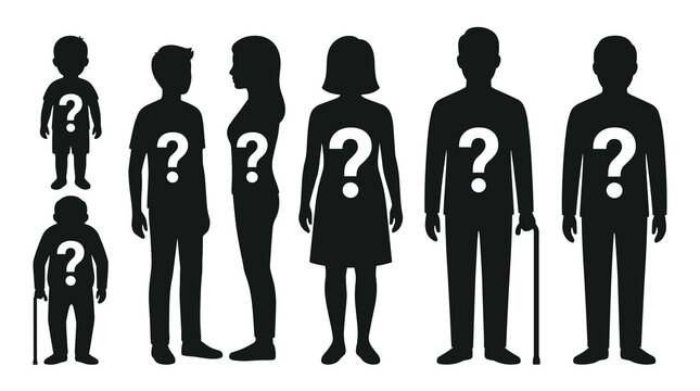 Black silhouette figures with question marks on their torsos, representing anonymous people of various ages and genders, for identity or unknown