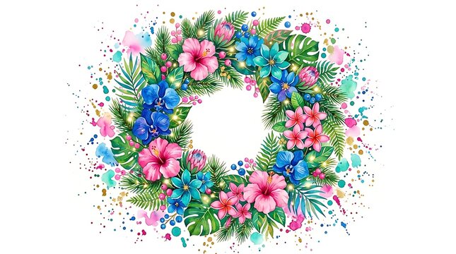 Vibrant Tropical Flower Wreath with Watercolor Splatter and Green Leaves