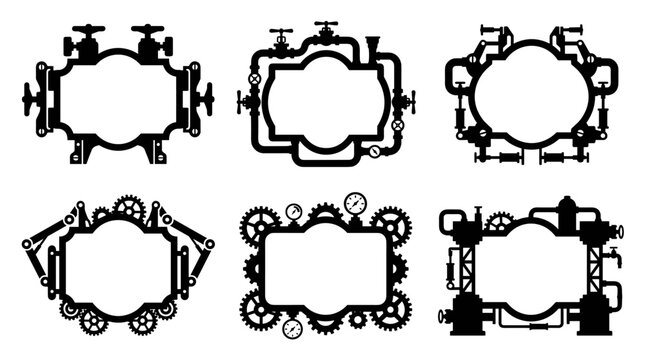 Set of six intricate steampunk decorative frames, featuring mechanical gears, industrial pipes, vintage engineering elements, perfect for mechanical