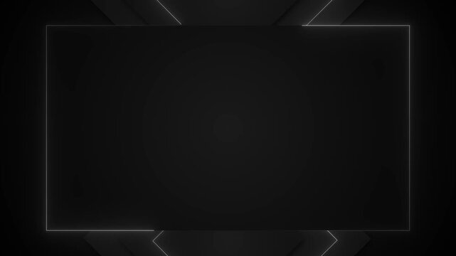 Dark minimal frame thin white glowing border, black layered shapes, soft shadows, empty center space. modern titles, corporate screens, product text, elegant intros, clean presentations, motion