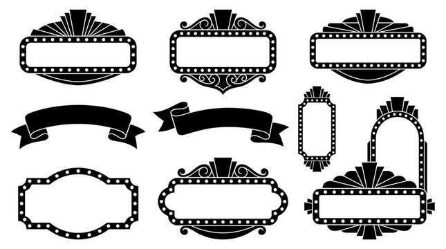 Set of vintage marquee frames and ornate banners, retro bulb borders, signage templates, classic cinema style, vector labels for layouts and