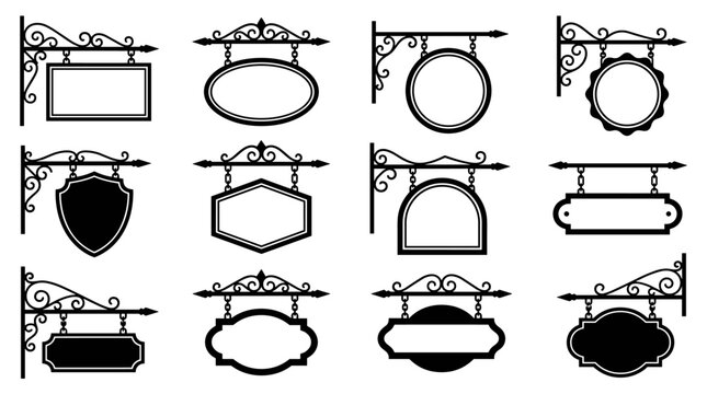 Set of vintage wrought iron hanging sign frames, ornamental shop signboards with scrollwork brackets, street signage template for signage design