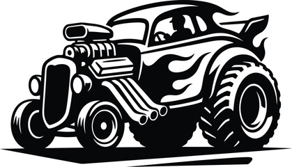 Vintage monster truck hot rod with flames illustration for automotive design and racing enthusiast apparel concept. © Ariful420