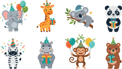 Obraz premium Cute Birthday Animal Cartoon Collection with Kawaii Safari and Woodland Character Vector Illustration Set