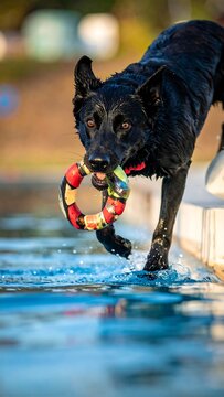Dog playing with fetching toy.