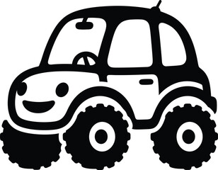 Cute cartoon monster truck with large offroad tires and a happy face for kids illustration vector design. © Ariful420