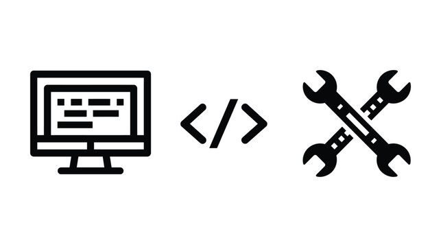Computer coding icon with wrench and coding symbol in black silhouette illustration