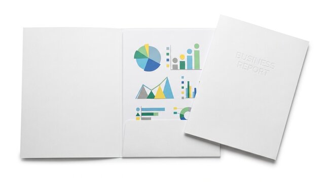 Professional business presentation folder with financial data charts and analytical graphs for strategic planning and reporting, showcasing statistics and market trends on a white background