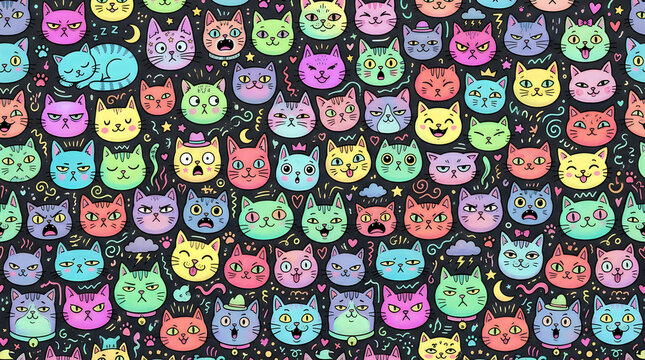 Seamless pattern with cute colorful cats faces in a fun doodle style