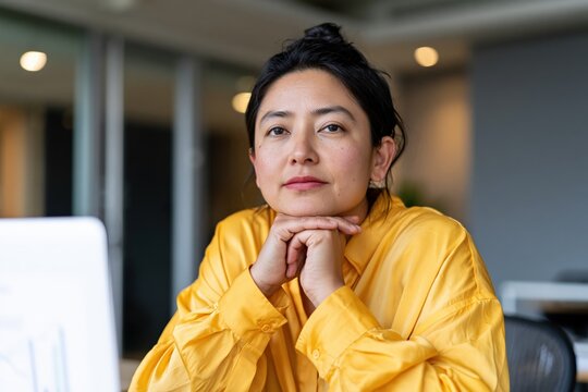 Professional business portrait of a woman resting chin on hands in a coworking office for corporate profile headshot and website banner