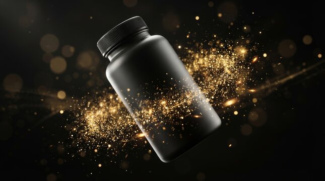 Black supplement bottle with golden sparkles on a dark background.