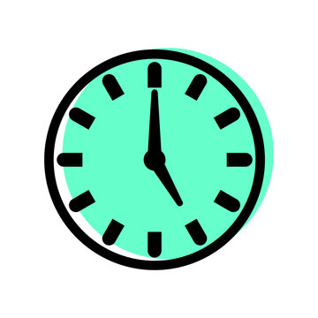 Analog clock face icon showing five o clock vector illustration isolated on white background green dial line art
