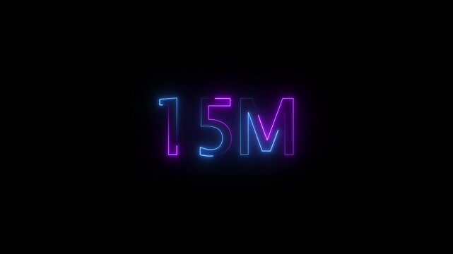 Glowing neon light 15M followers or subscribers celebration text animation on black background, Number 15M Neon Futuristic Effect, Trendy Glow Lighting, 15M animation neon text effect motion. 4k