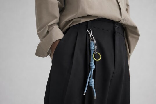 Minimalist professional with beige blazer and black pleated pants displaying blue paracord keychain with metal carabiner and yellow ring on belt loop, modern casual business attire, urban street