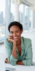 Obraz premium Smiling professional woman in a modern bright office background for business website banner and corporate portrait headshot use