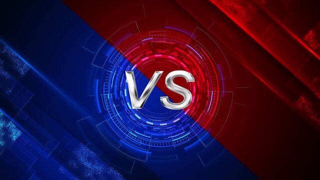 Red blue versus HUD background silver VS letters, glowing circular interface, diagonal split color, energetic competition mood. sports promos, gaming intros, debate match openers, challenge title