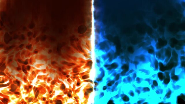 Fire and ice energy red flame clouds, blue cold smoke, bright center split, dramatic abstract collision. versus , game intros, power promos, elemental titles, dynamic transitions, cinematic promos.