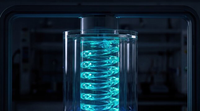 glowing fluid dynamics in a laboratory cylinder showcasing toroidal vortex flow