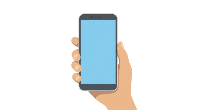 Hand holding a modern smartphone with a blue screen displaying digital technology in a minimalistic style