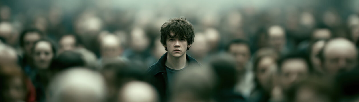 Lonely crowd person focus hope city street blur mood portrait outsider urban young male depression anxiety emotion thoughtful walking journey individual concept pressure society people confusion